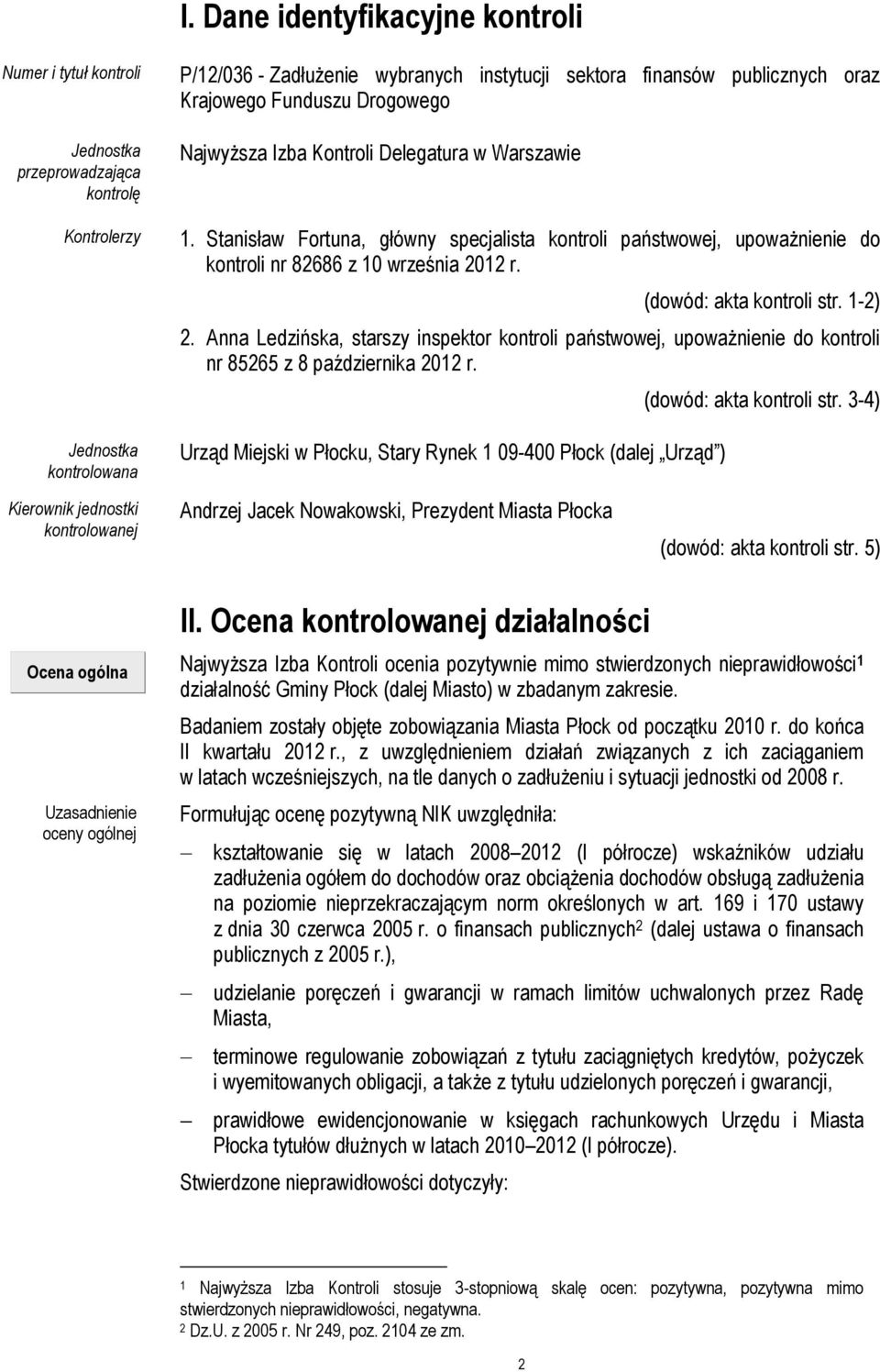 (dowód: akta kontroli str. 1-2) 2. Anna Ledzińska, starszy inspektor kontroli państwowej, upoważnienie do kontroli nr 85265 z 8 października 2012 r.