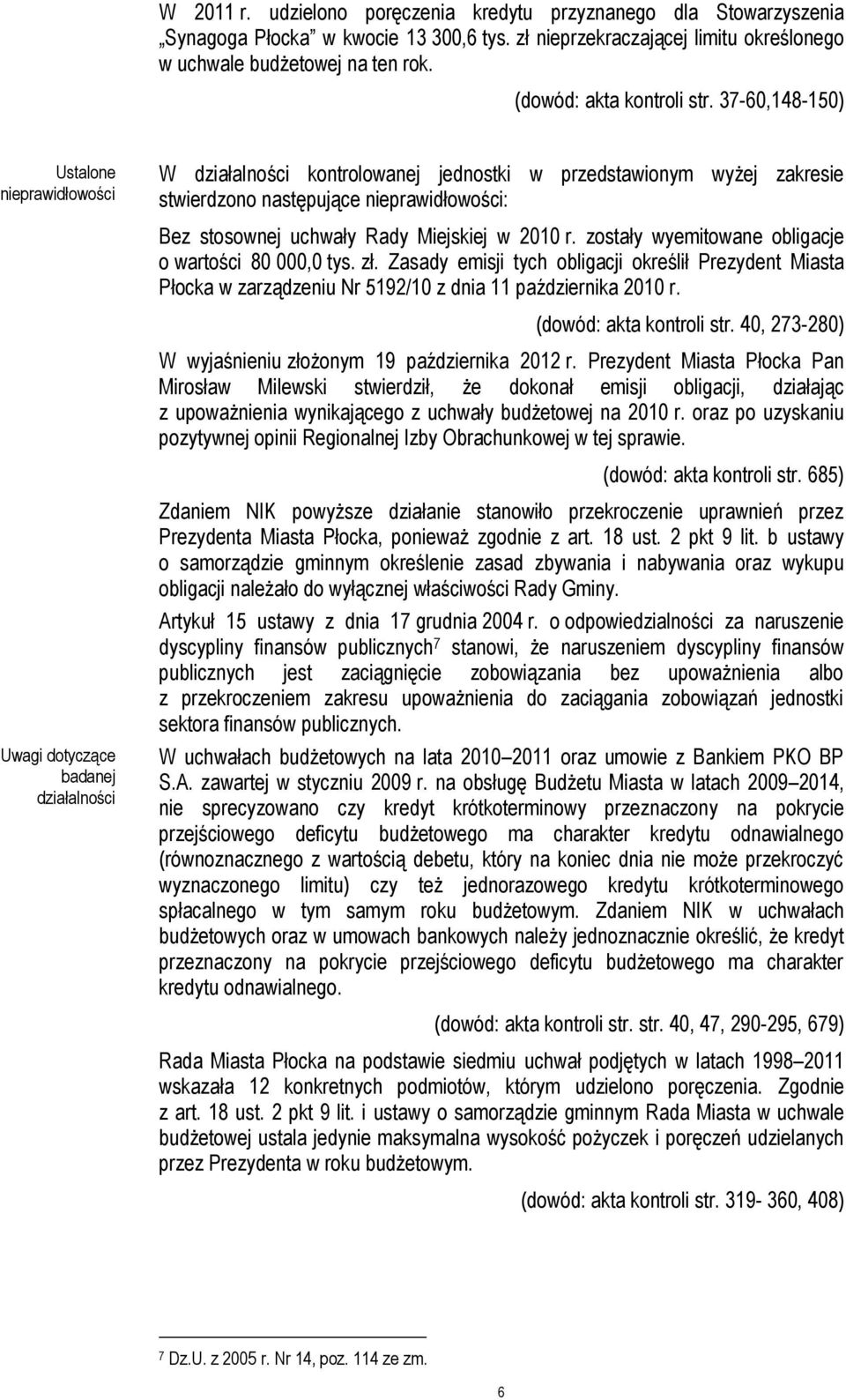 37-60,148-150) Ustalone nieprawidłowości Uwagi dotyczące badanej działalności W działalności kontrolowanej jednostki w przedstawionym wyżej zakresie stwierdzono następujące nieprawidłowości: Bez