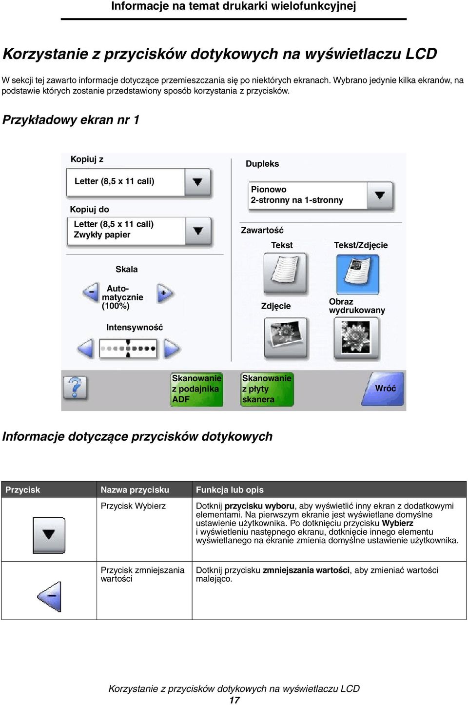 Przykładowy ekran nr 1 Kopiuj z Letter (8,5 x 11 cali) Kopiuj do Letter (8,5 x 11 cali) Zwykły papier Dupleks Pionowo 2-stronny na 1-stronny Zawartość Tekst Tekst/Zdjęcie Skala Automatycznie (100%)