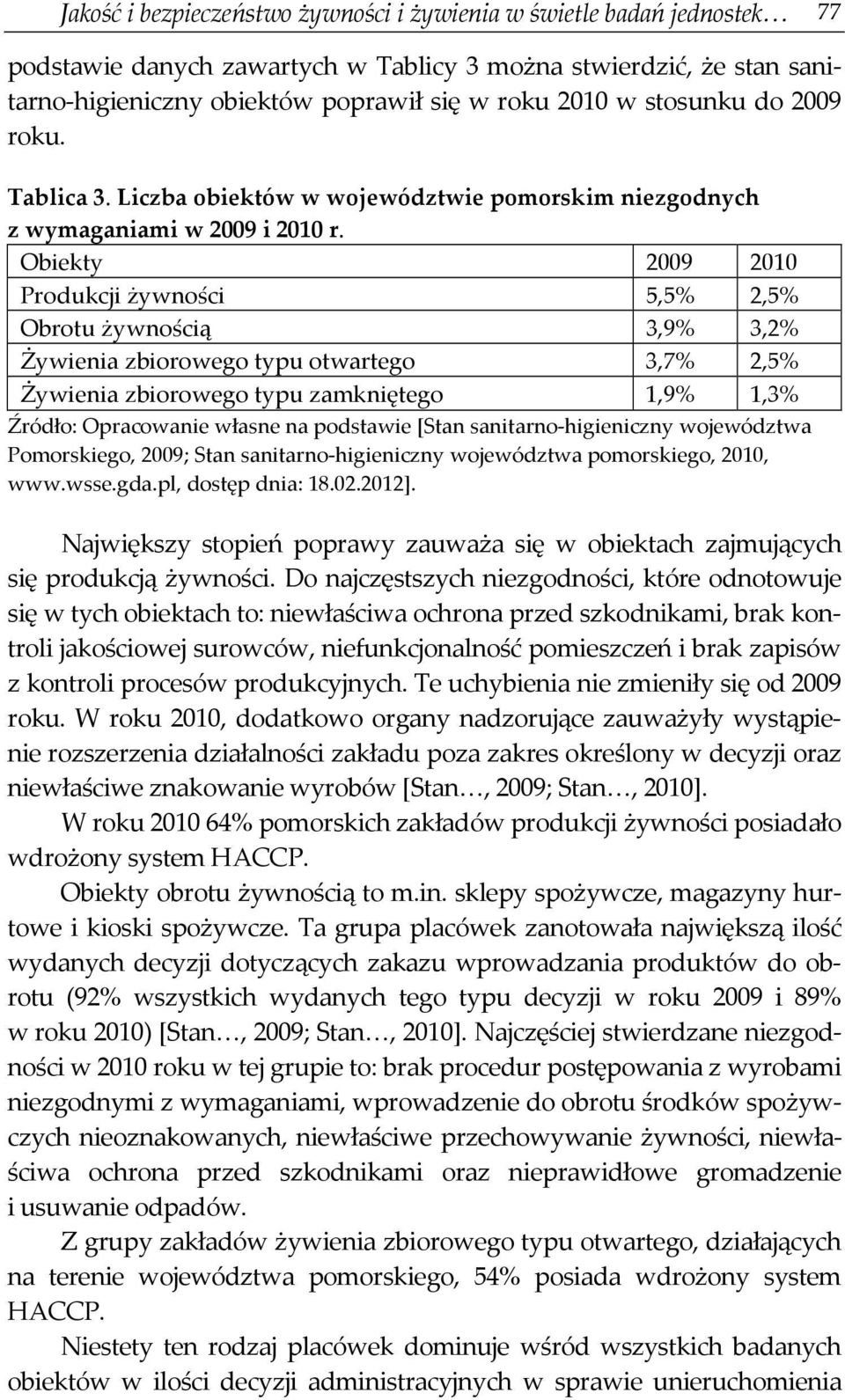 Obiekty 2009 2010 Produkcji żywności 5,5% 2,5% Obrotu żywnością 3,9% 3,2% Żywienia zbiorowego typu otwartego 3,7% 2,5% Żywienia zbiorowego typu zamkniętego 1,9% 1,3% Źródło: Opracowanie własne na