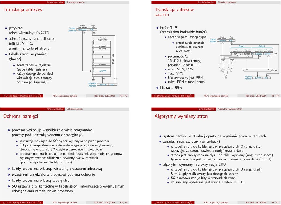 x2 9 Offset 47C 2 V x x7ffe Table x x7fff 5 2 x7fff 47C bufor TLB (translation lookaside buffer) cache w pełni asocjacyjna przechowuje ostatnio odwiedzane pozycje tabeli stron pojemność C: 6 52