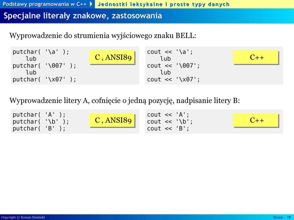 '\x07'; C++ Wyprowadzenie litery A, cofnięcie o jedną pozycję, nadpisanie litery B: putchar( 'A' ); putchar(