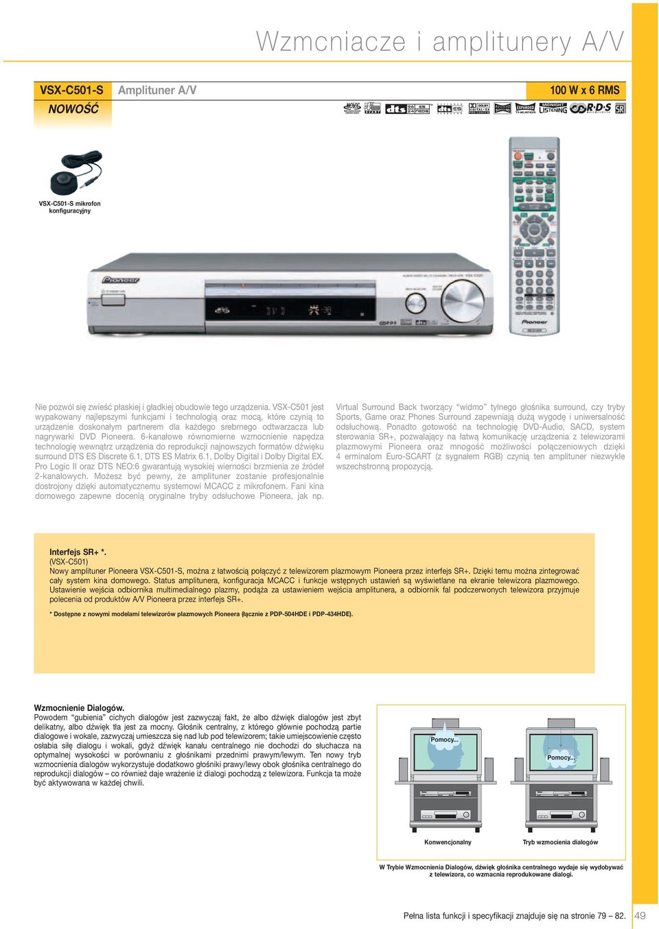 6-kanałowe równomierne wzmocnienie napędza technologię wewnątrz urządzenia do reprodukcji najnowszych formatów dźwięku surround DTS ES Discrete 6., DTS ES Matrix 6., Dolby Digital i Dolby Digital EX.