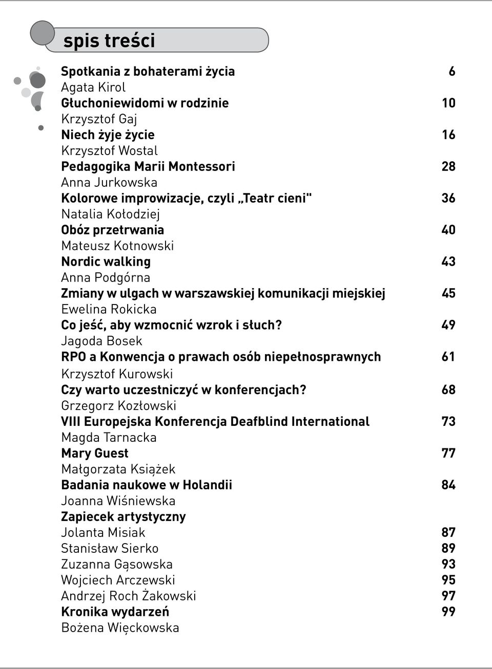 jeść, aby wzmocnić wzrok i słuch? 49 Jagoda Bosek RPO a Konwencja o prawach osób niepełnosprawnych 61 Krzysztof Kurowski Czy warto uczestniczyć w konferencjach?