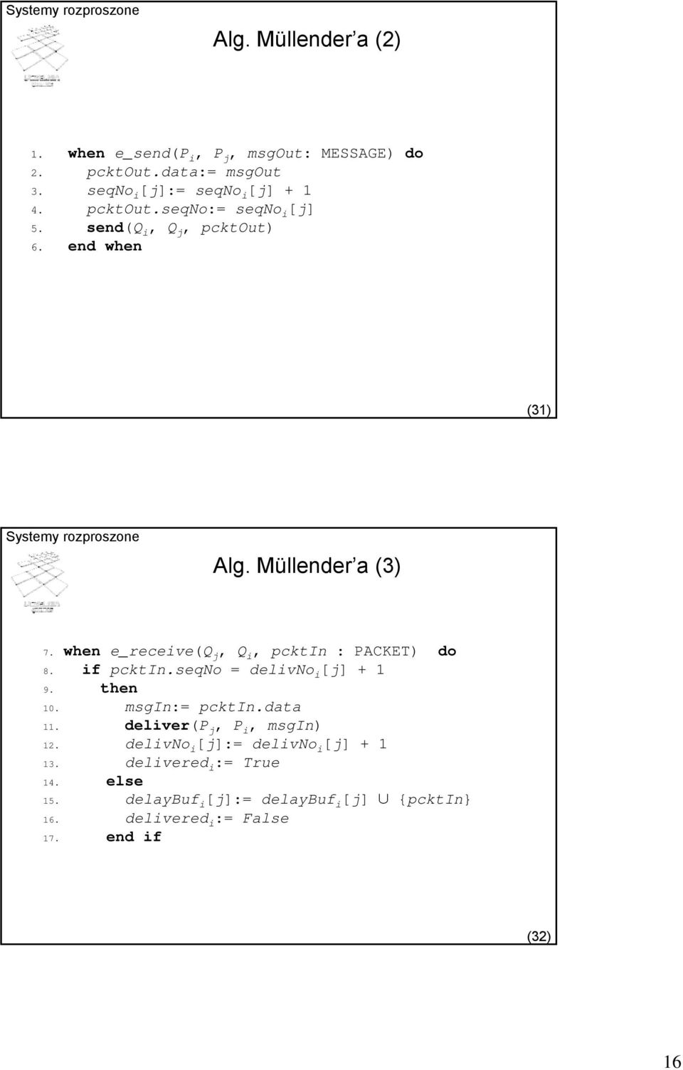 when e_receive(q j, Q i, pcktin : PACKET) do 8. if pcktin.seqno = delivno i [j] + 1 9. then 10. msgin:= pcktin.data 11.