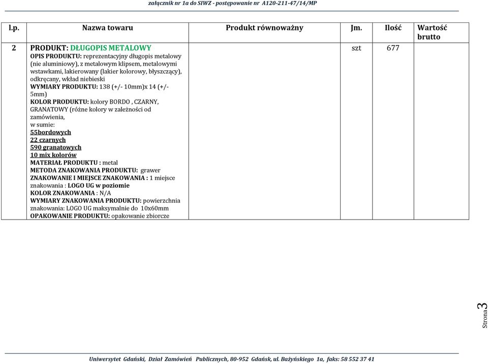 zależności od zamówienia, w sumie: 55bordowych 22 czarnych 590 granatowych 10 mix kolorów MATERIAŁ PRODUKTU : metal METODA ZNAKOWANIA PRODUKTU: grawer ZNAKOWANIE I