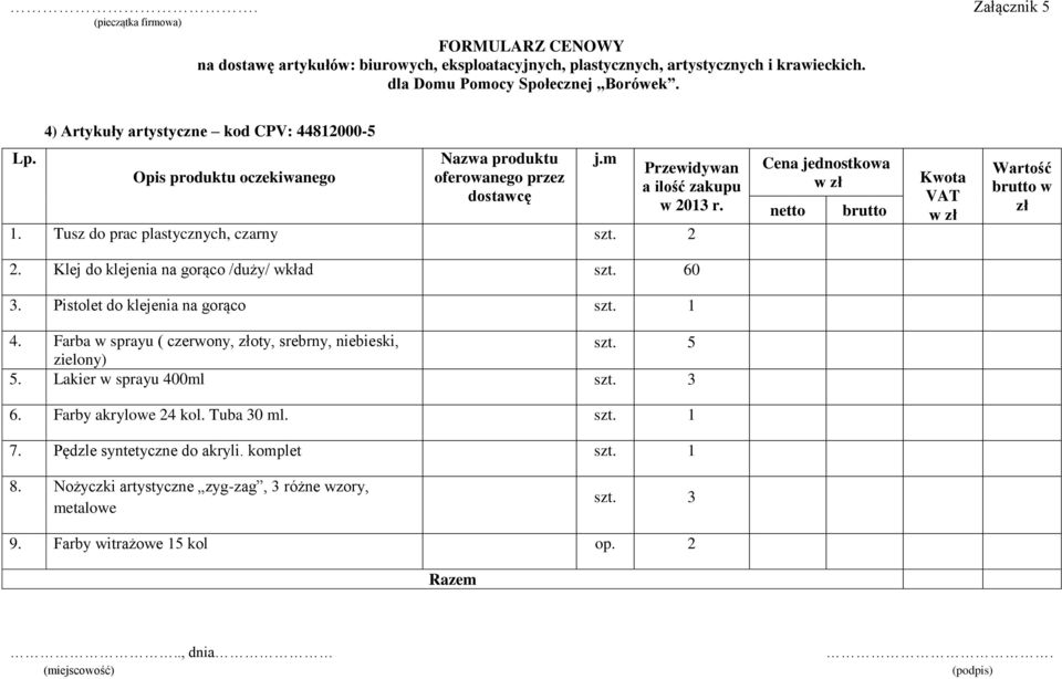 2 Cena jednostkowa netto brutto Kwota VAT Wartość brutto w zł 2. Klej do klejenia na gorąco /duży/ wkład szt. 60 3. Pistolet do klejenia na gorąco szt. 1 4.