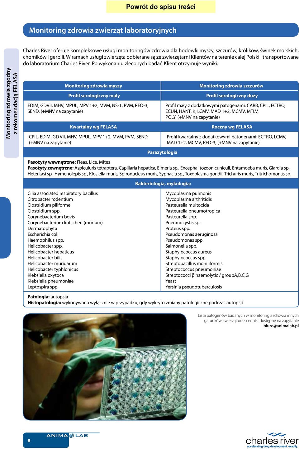 Monitoring zdrowia zgodny z rekomendacją FELASA Monitoring zdrowia myszy Profil serologiczny mały EDIM, GDVII, MHV, MPUL, MPV 1+2, MVM, NS-1, PVM, REO-3, SEND, (+MNV na zapytanie) Kwartalny wg FELASA