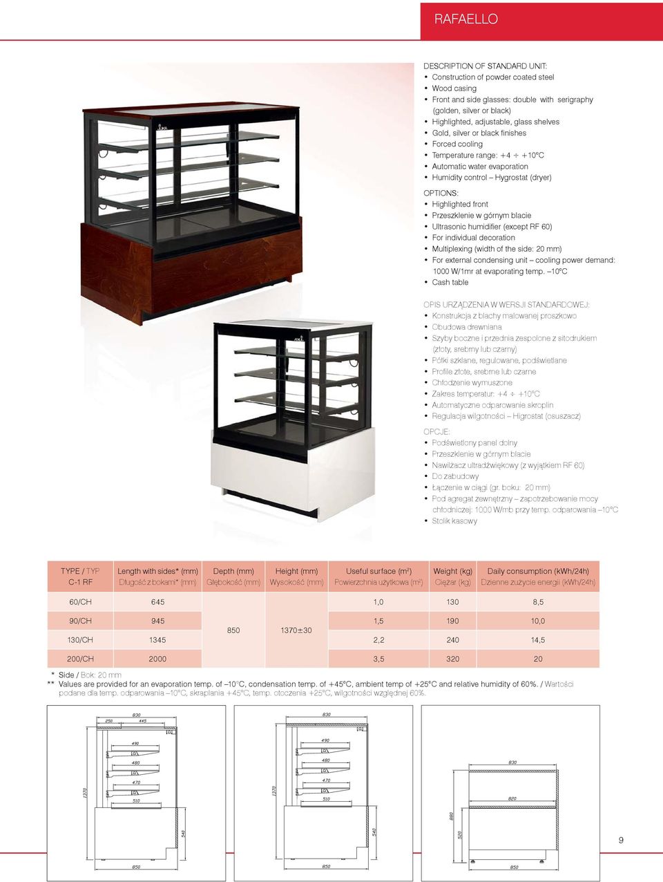 Ultrasonic humidifier (except RF 60) For individual decoration Multiplexing (width of the side: 20 mm) For external condensing unit cooling power demand: 1000 W/1mr at evaporating temp.