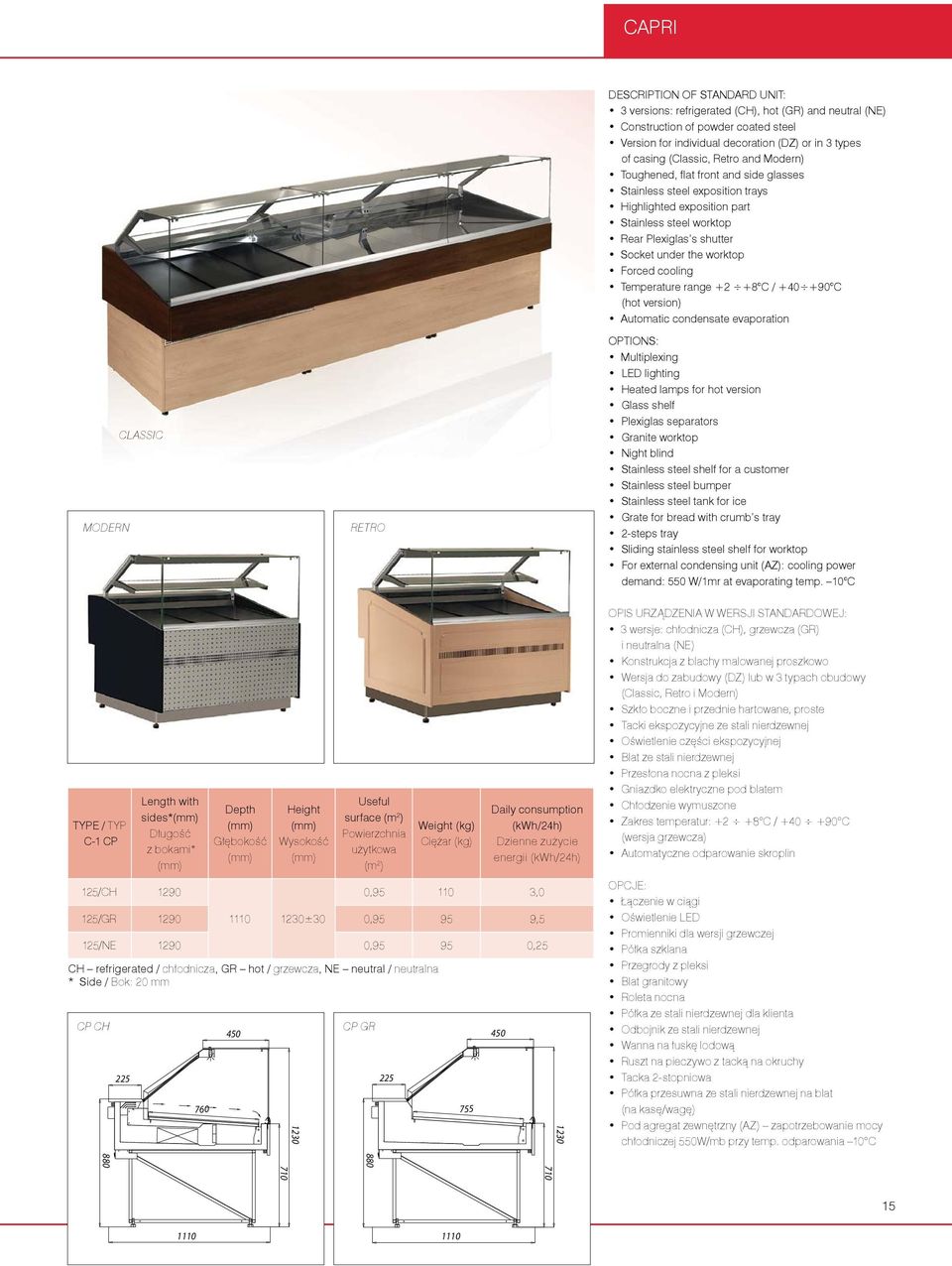 Plexiglas s shutter Socket under the worktop Forced cooling Temperature range +2 +8 C / +40 +90 C (hot version) Automatic condensate evaporation OPTIONS: Multiplexing LED lighting Heated lamps for