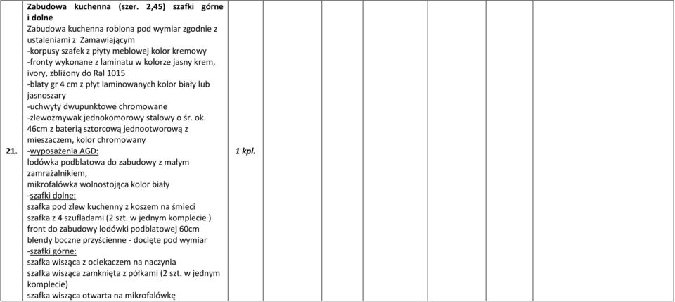 ivory, zbliżony do Ral 05 -blaty gr 4 cm z płyt laminowanych kolor biały lub jasnoszary -uchwyty dwupunktowe chromowane -zlewozmywak jednokomorowy stalowy o śr. ok.