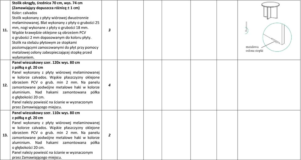 Stolik na stelażu płytowym ze stopkami poziomującymi zamocowanymi do płyt przy pomocy metalowej osłony zabezpieczającej stopkę przed wyłamaniem. Panel wieszakowy szer. 20x wys. 80 cm z półką o gł.