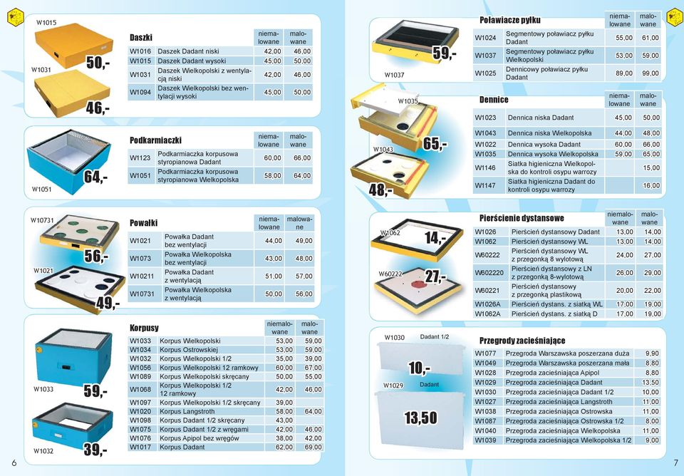 poławiacz pyłku Dadant niemalowane 55,00 61,00 53,00 59,00 89,00 99,00 niemalowane malowane W1023 Dennica niska Dadant 45,00 50,00 W1051 64,- Podkarmiaczki W1123 W1051 Podkarmiaczka korpusowa