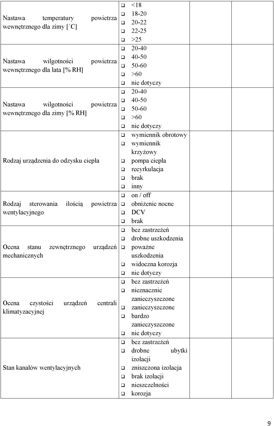 18-20 20-22 22-25 >25 20-40 40-50 50-60 >60 20-40 40-50 50-60 >60 wymiennik obrotowy wymiennik krzyżowy pompa ciepła recyrkulacja brak inny on / off obniżenie nocne DCV brak bez zastrzeżeń drobne
