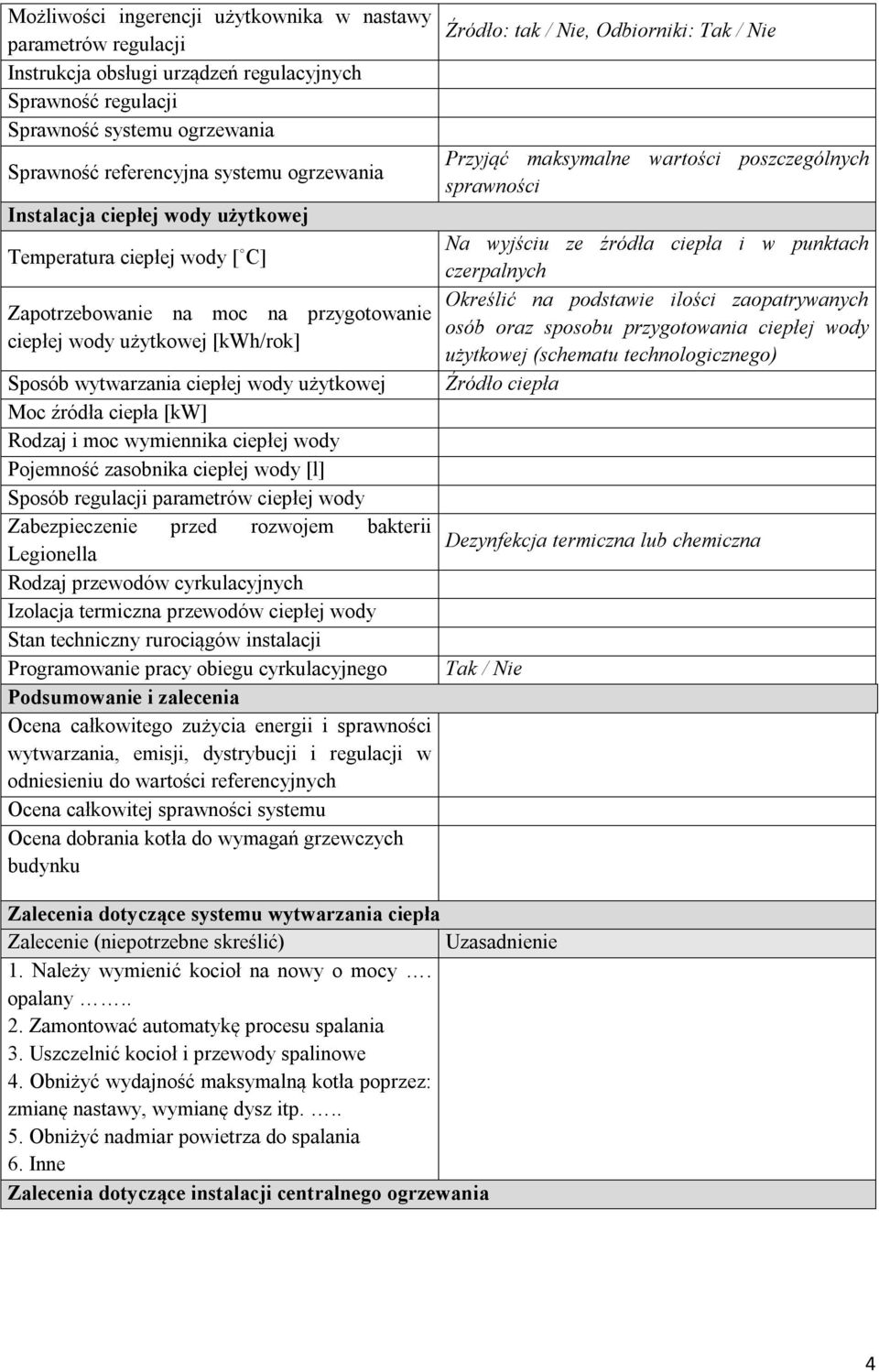 [kw] Rodzaj i moc wymiennika ciepłej wody Pojemność zasobnika ciepłej wody [l] Sposób regulacji parametrów ciepłej wody Zabezpieczenie przed rozwojem bakterii Legionella Rodzaj przewodów