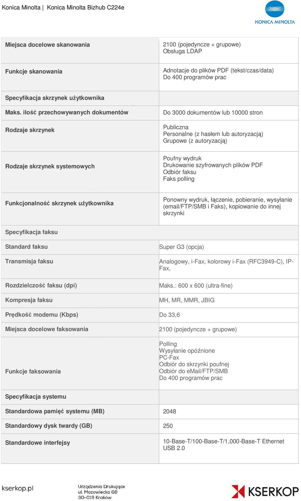 Drukowanie szyfrowanych plików PDF Odbiór faksu Faks polling Funkcjonalność skrzynek użytkownika Ponowny wydruk, łączenie, pobieranie, wysyłanie (email/ftp/smb i Faks), kopiowanie do innej skrzynki