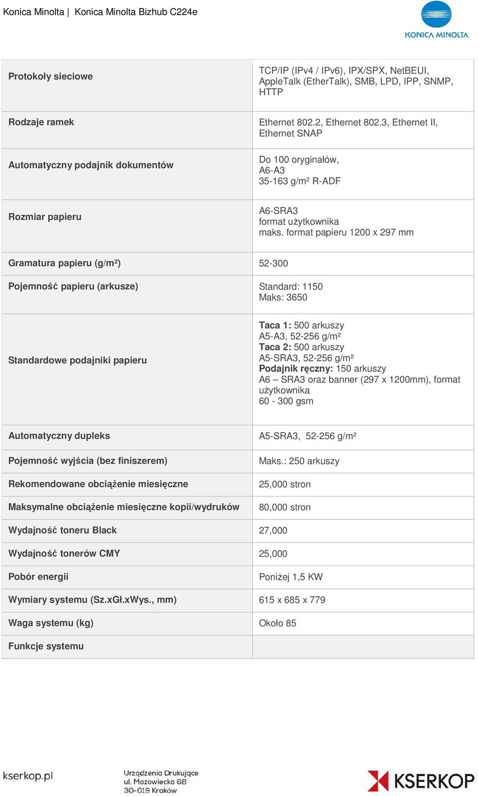 format papieru 1200 x 297 mm Gramatura papieru (g/m²) Pojemność papieru (arkusze) 52-300 Standard: 1150 Maks: 3650 Standardowe podajniki papieru Taca 1: 500 arkuszy A5-A3, 52-256 g/m² Taca 2: 500