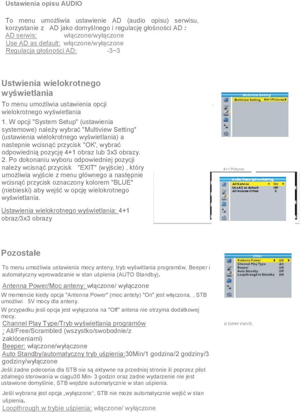 W opcji "System Setup" (ustawienia systemowe) należy wybrać "Multiview Setting" (ustawienia wielokrotnego wyświetlania) a nastepnie wcisnąć przycisk "OK', wybrać odpowiednią pozycję 4+1 obraz lub 3x3