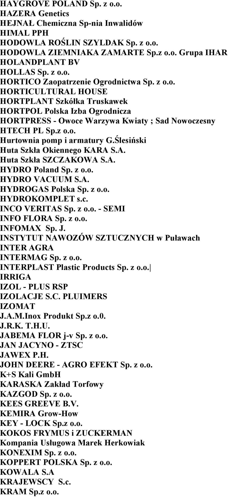 Ślesiński Huta Szkła Okiennego KARA S.A. Huta Szkła SZCZAKOWA S.A. HYDRO Poland Sp. z o.o. HYDRO VACUUM S.A. HYDROGAS Polska Sp. z o.o. HYDROKOMPLET s.c. INCO VERITAS Sp. z o.o. - SEMI INFO FLORA Sp.