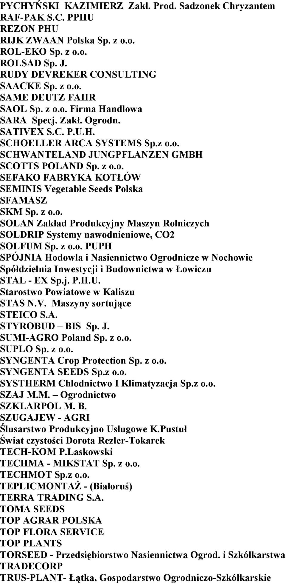 z o.o. SOLAN Zakład Produkcyjny Maszyn Rolniczych SOLDRIP Systemy nawodnieniowe, CO2 SOLFUM Sp. z o.o. PUPH SPÓJNIA Hodowla i Nasiennictwo Ogrodnicze w Nochowie Spółdzielnia Inwestycji i Budownictwa w Łowiczu STAL - EX Sp.