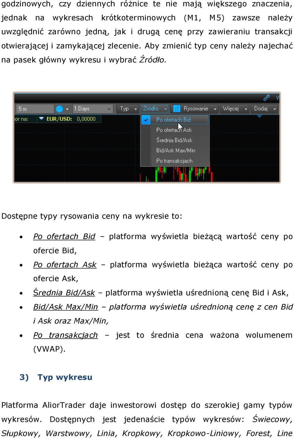 Dostępne typy rysowania ceny na wykresie to: Po ofertach Bid platforma wyświetla bieżącą wartość ceny po ofercie Bid, Po ofertach Ask platforma wyświetla bieżąca wartość ceny po ofercie Ask, Średnia