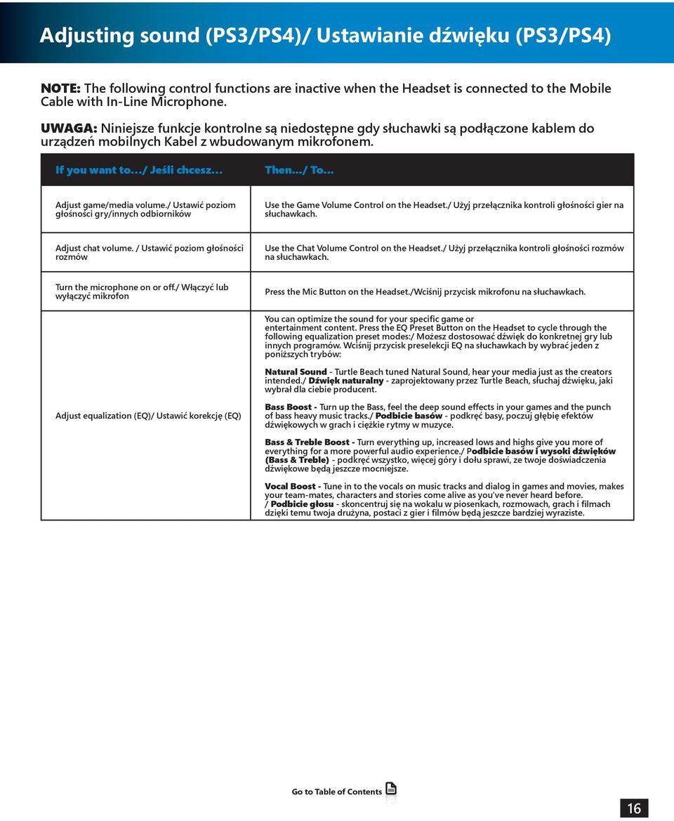 .. Adjust game/media volume./ Ustawić poziom głośności gry/innych odbiorników Use the Game Volume Control on the Headset./ Użyj przełącznika kontroli głośności gier na słuchawkach. Adjust chat volume.