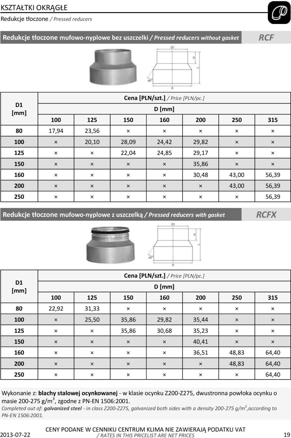 / Pressed reducers with gasket RCFX D1 Cena [PLN/szt.] / Price [PLN/pc.