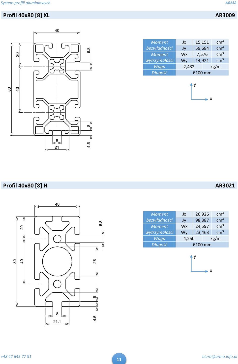 Profil 4080 [8] H AR3021 Moment J 26,926 cm 4 bezwładności J 98,387