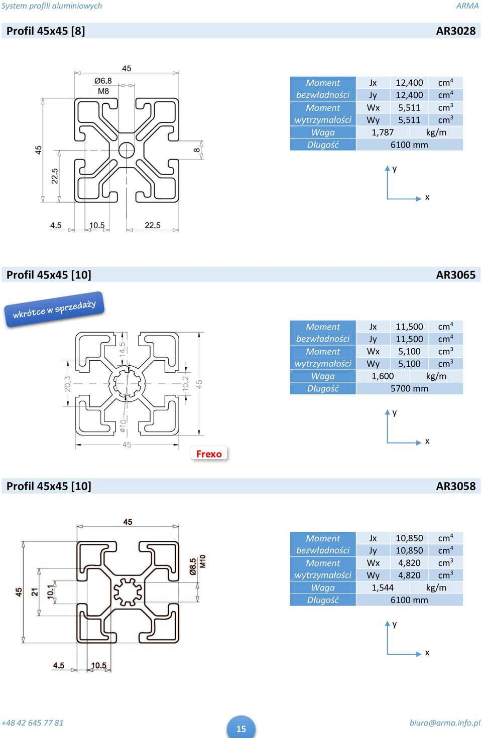 Moment W 5,100 cm 3 wtrzmałości W 5,100 cm 3 Waga 1,600 kg/m 5700 mm Freo Profil 4545 [10] AR3058