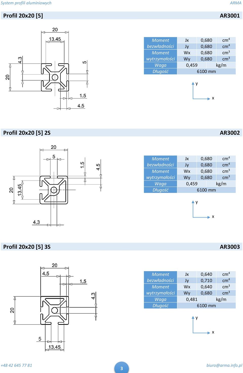J 0,680 cm 4 Moment W 0,680 cm 3 wtrzmałości W 0,680 cm 3 Waga 0,459 kg/m Profil 2020 [5] 3S AR3003