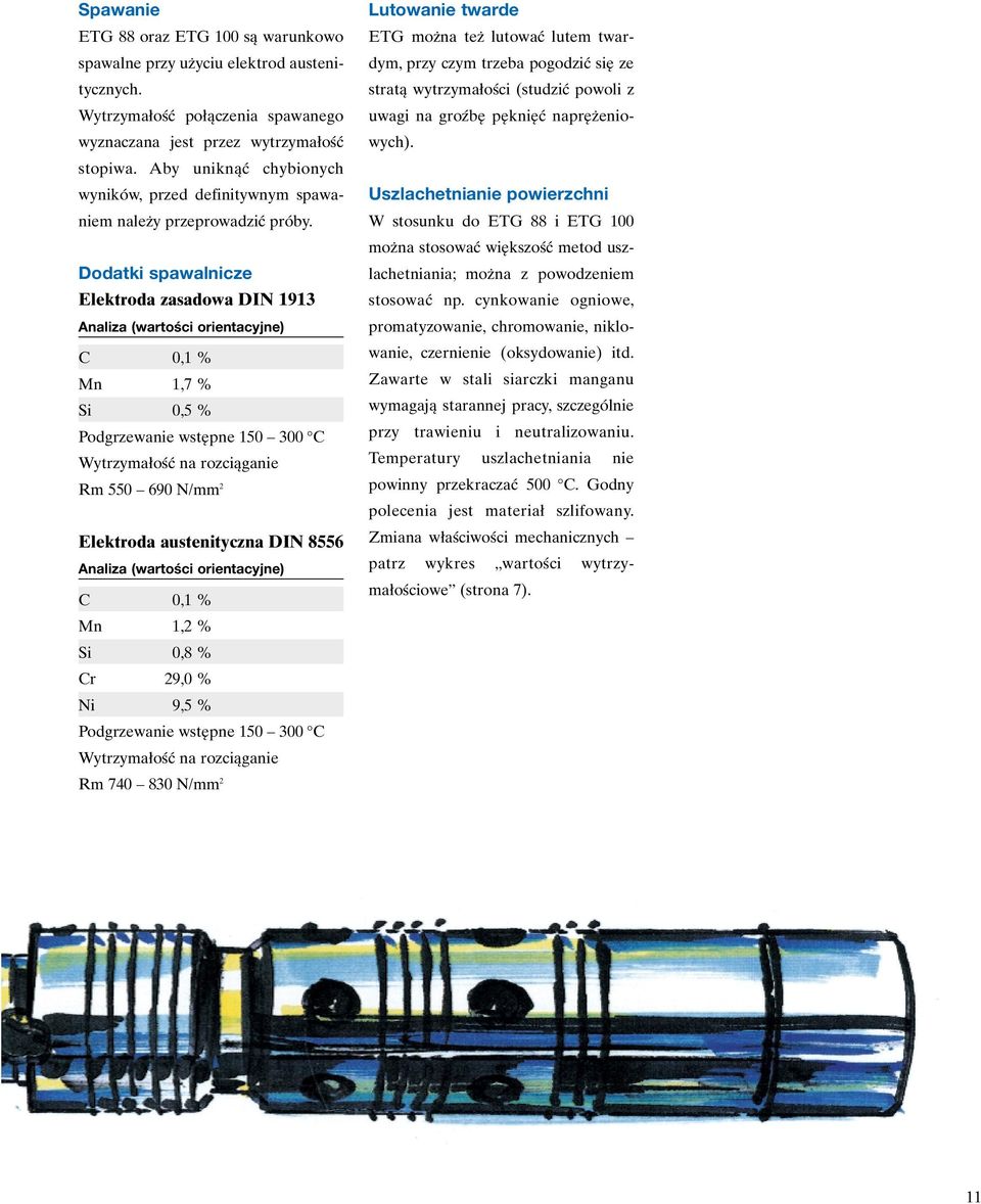 Dodatki spawalnicze Elektroda zasadowa DIN 1913 Analiza (wartości orientacyjne) C 0,1 % Mn 1,7 % Si 0,5 % Podgrzewanie wstępne 150 300 C Wytrzymałość na rozciąganie Rm 550 690 N/mm 2 Elektroda