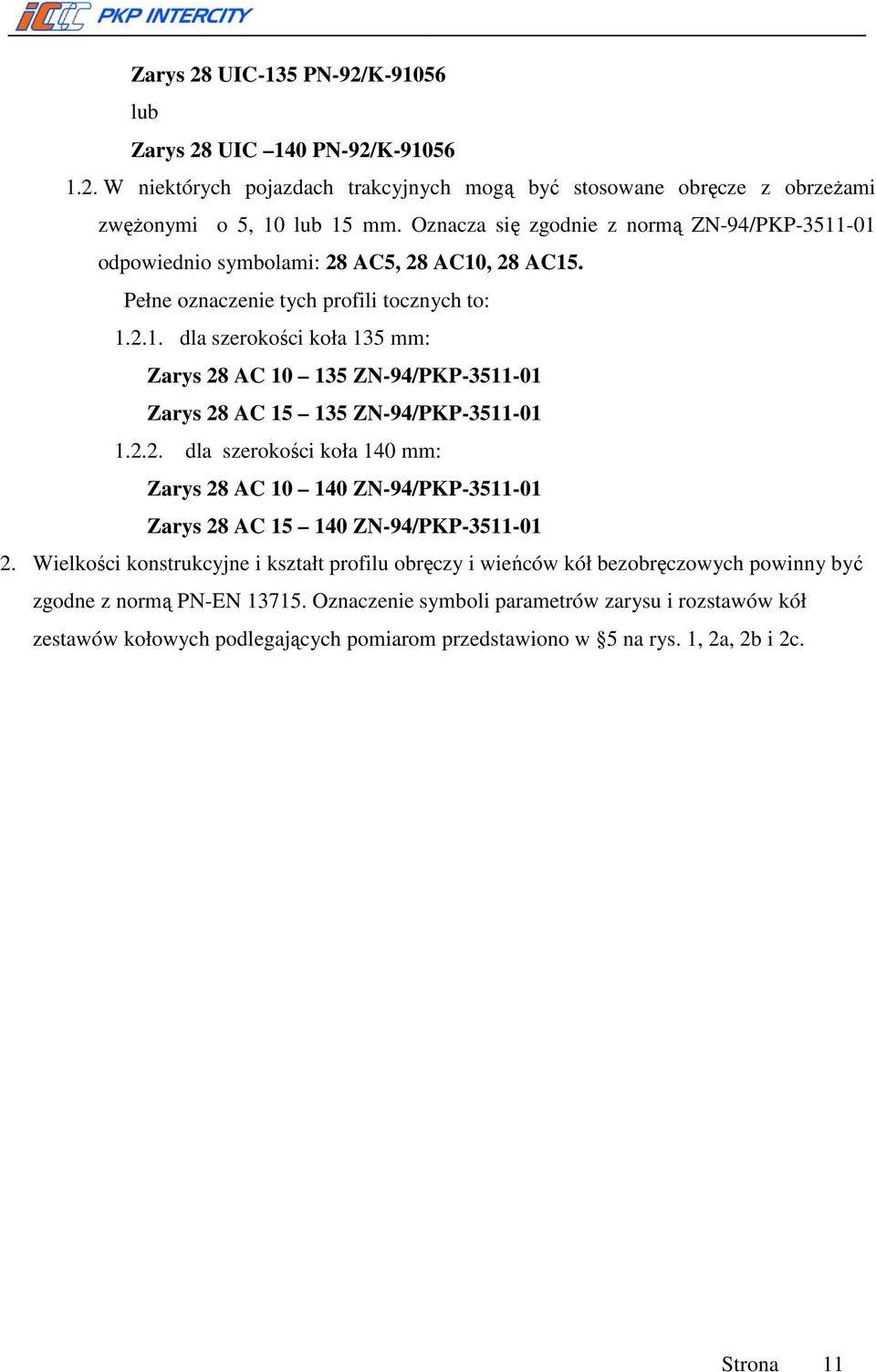 2.2. dla szerokości koła 140 mm: Zarys 28 AC 10 140 ZN-94/PKP-3511-01 Zarys 28 AC 15 140 ZN-94/PKP-3511-01 2.