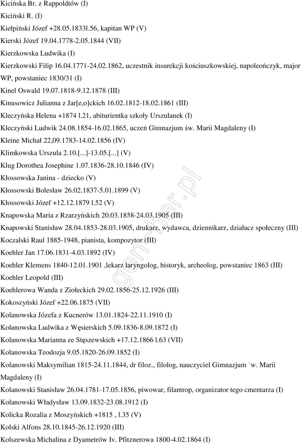 1812-18.02.1861 (III) Kleczyńska Helena +1874 l.21, abiturientka szkoły Urszulanek (I) Kleczyński Ludwik 24.08.1854-16.02.1865, uczeń Gimnazjum św. Marii Magdaleny (I) Kleine Michał 22,09.1783-14.02.1856 (IV) Klimkowska Urszula 2.