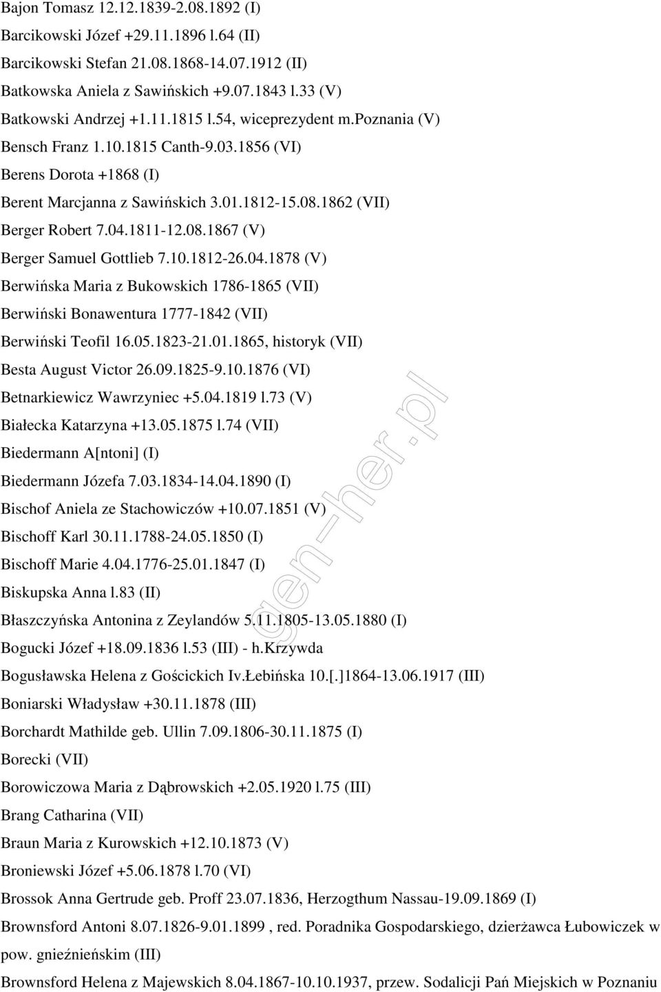 10.1812-26.04.1878 (V) Berwińska Maria z Bukowskich 1786-1865 (VII) Berwiński Bonawentura 1777-1842 (VII) Berwiński Teofil 16.05.1823-21.01.1865, historyk (VII) Besta August Victor 26.09.1825-9.10.1876 (VI) Betnarkiewicz Wawrzyniec +5.