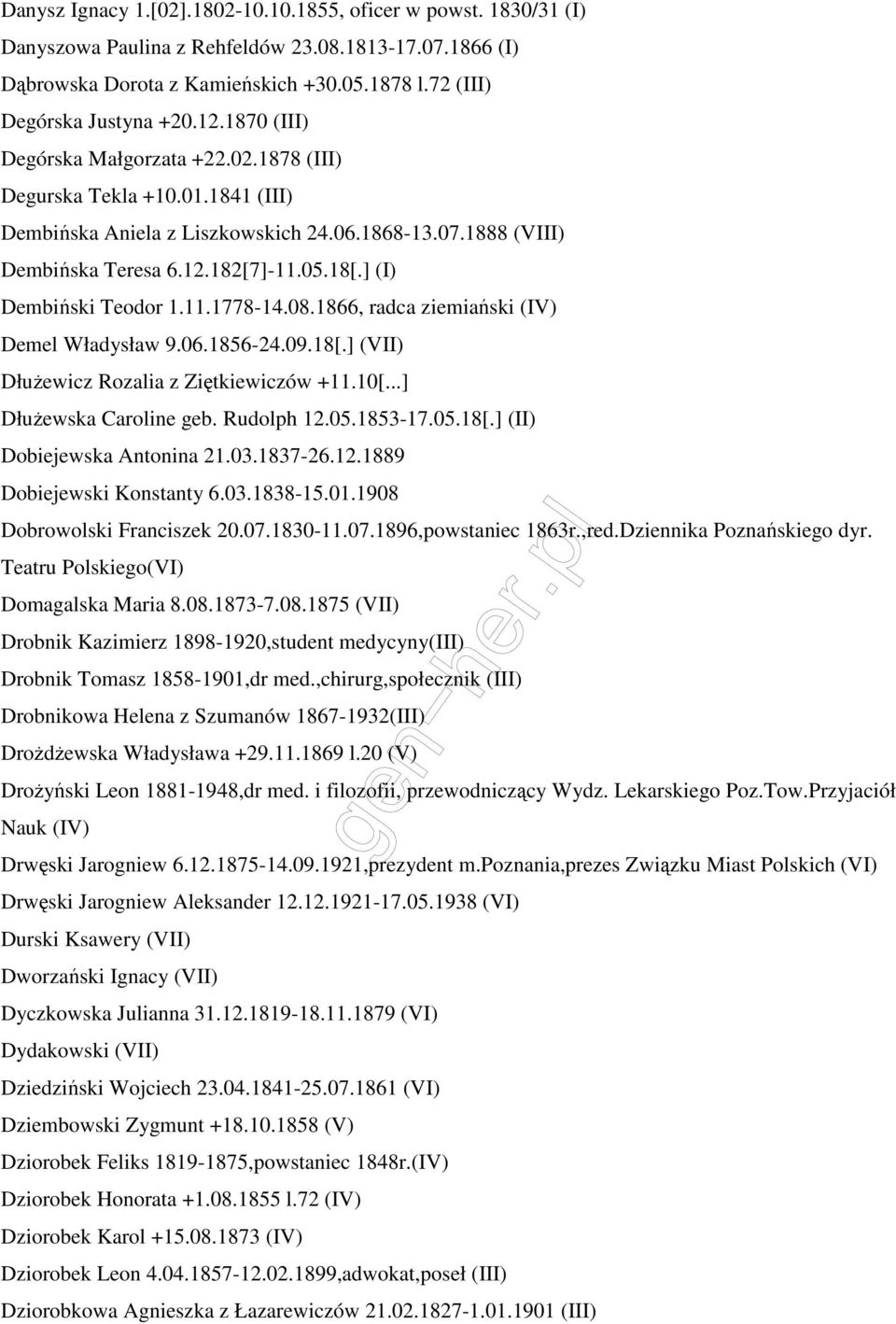 ] (I) Dembiński Teodor 1.11.1778-14.08.1866, radca ziemiański (IV) Demel Władysław 9.06.1856-24.09.18[.] (VII) Dłużewicz Rozalia z Ziętkiewiczów +11.10[...] Dłużewska Caroline geb. Rudolph 12.05.