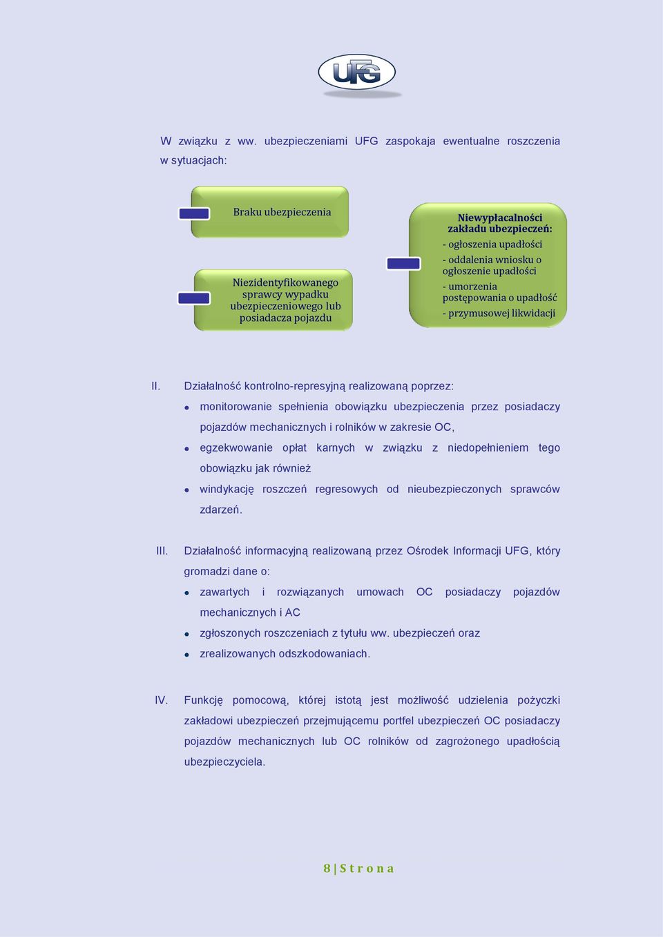 ubezpieczeń: - ogłoszenia upadłości - oddalenia wniosku o ogłoszenie upadłości - umorzenia postępowania o upadłość - przymusowej likwidacji II.