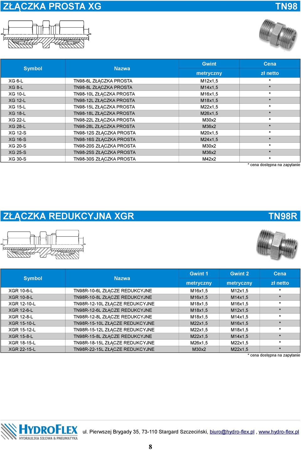 TN98-12S ZŁĄCZKA PROSTA TN98-16S ZŁĄCZKA PROSTA TN98-20S ZŁĄCZKA PROSTA TN98-25S ZŁĄCZKA PROSTA TN98-30S ZŁĄCZKA PROSTA metryczny M12x1,5 M26x1,5 M30x2 M36x2 M20x1,5 M24x1,5 M30x2 M36x2 M42x2 cena