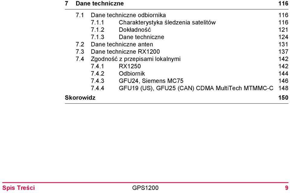 3 Dane techniczne RX1200 137 7.4 Zgodność z przepisami lokalnymi 142 7.4.1 RX1250 142 7.4.2 Odbiornik 144 7.