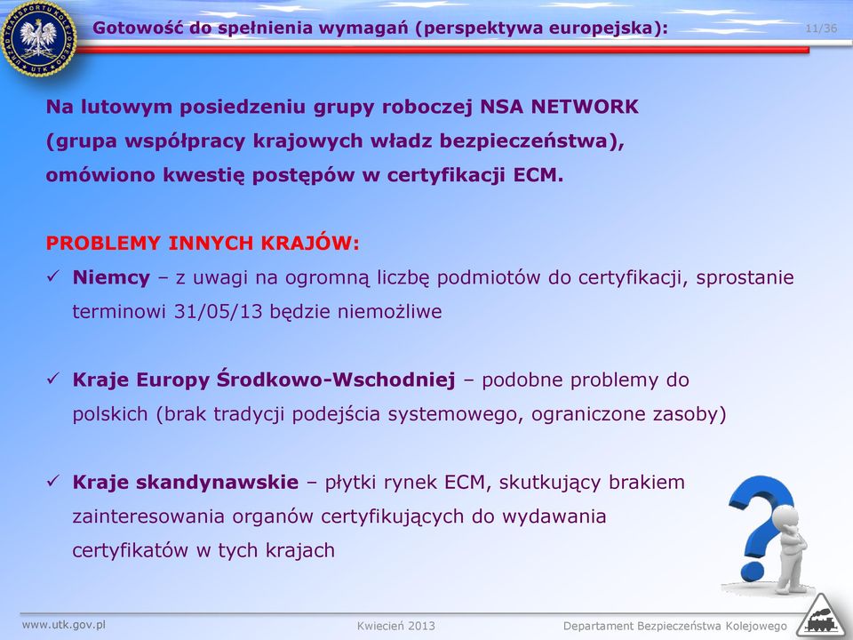 PROBLEMY INNYCH KRAJÓW: Niemcy z uwagi na ogromną liczbę podmiotów do certyfikacji, sprostanie terminowi 31/05/13 będzie niemożliwe Kraje Europy