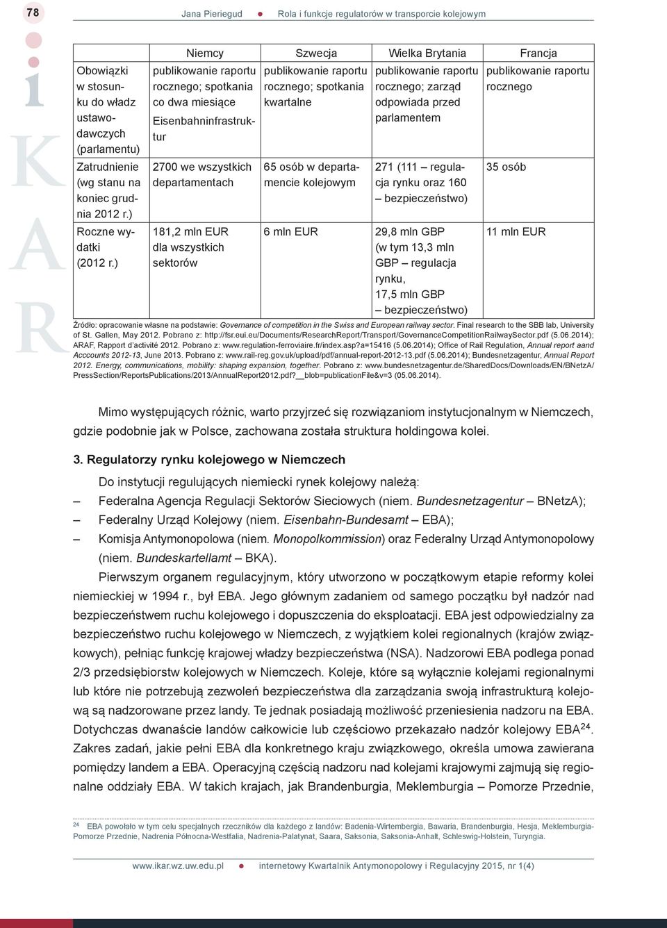 publikowanie raportu rocznego; spotkania kwartalne 65 osób w departamencie kolejowym publikowanie raportu rocznego; zarząd odpowiada przed parlamentem 271 (111 regulacja rynku oraz 160