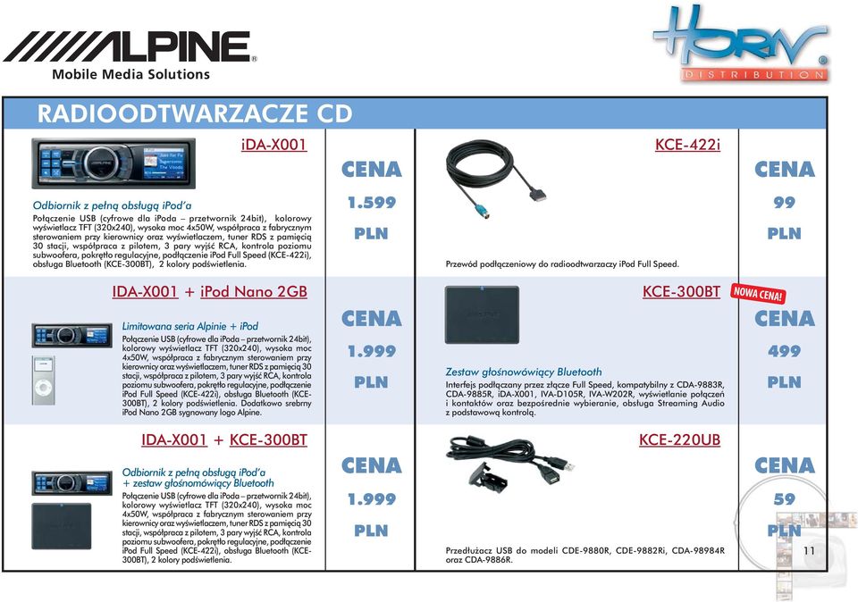 (KCE-422i), obsługa Bluetooth (KCE-300BT), 2 kolory podświetlenia. KCE-422i 1.599 99 Przewód podłączeniowy do radioodtwarzaczy ipod Full Speed.