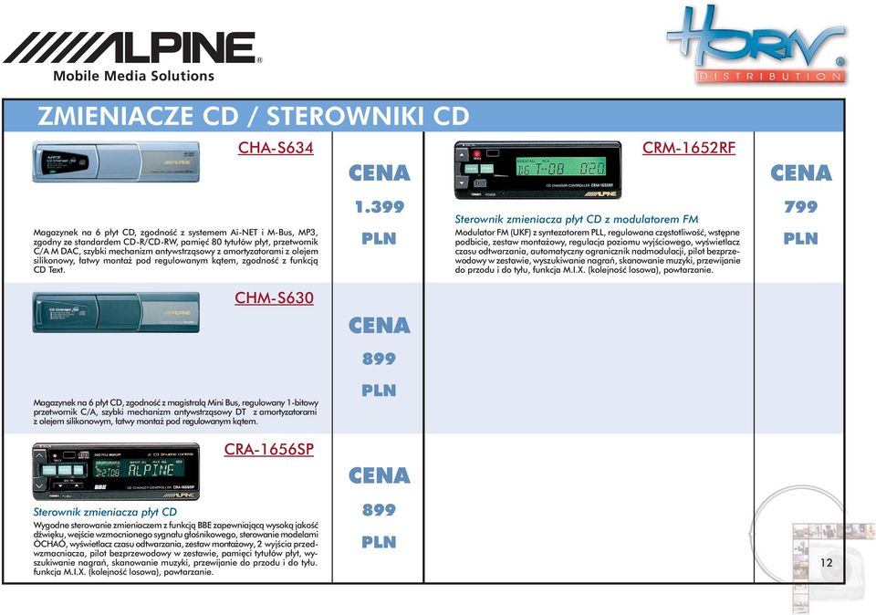 CRM-1652RF Sterownik zmieniacza płyt CD z modulatorem FM Modulator FM (UKF) z syntezatorem PLL, regulowana częstotliwość, wstępne podbicie, zestaw montażowy, regulacja poziomu wyjściowego,