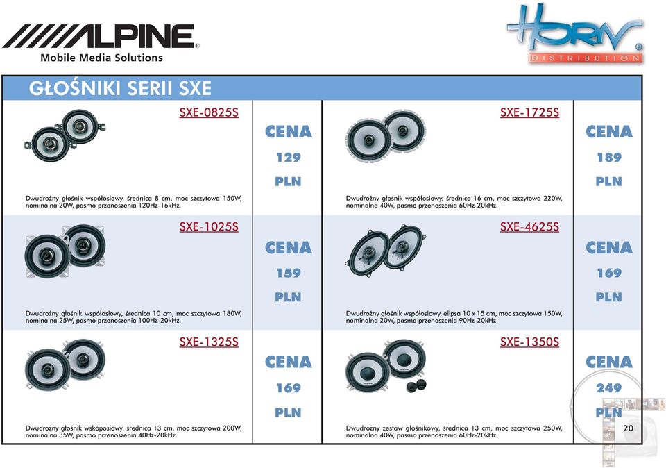 SXE-1025S SXE-4625S 159 169 Dwudrożny głośnik współosiowy, średnica 10 cm, moc szczytowa 180W, nominalna 25W, pasmo przenoszenia 100Hz-20kHz.