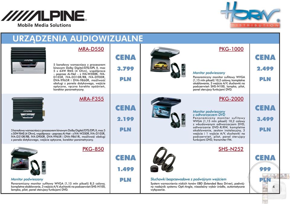 PKG-1000 Monitor podwieszany Panoramiczny monitor sufitowy WVGA (1,15 mln pikseli) 10,2 calowy, kompletne oka blo wa nie, 3 wejścia A/V, słu chaw ki na podczerwień SHS-N100, lampka, pilot, panel