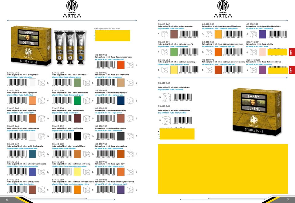 kadmium czerwony jasny oil paint ml - tube - cadmium light red 3 40 947 farba olejna ml - tuba - błękit kobaltowy oil paint ml - tube - cobalt blue 30 00 farba olejna ml - tuba - cielisty oil paint