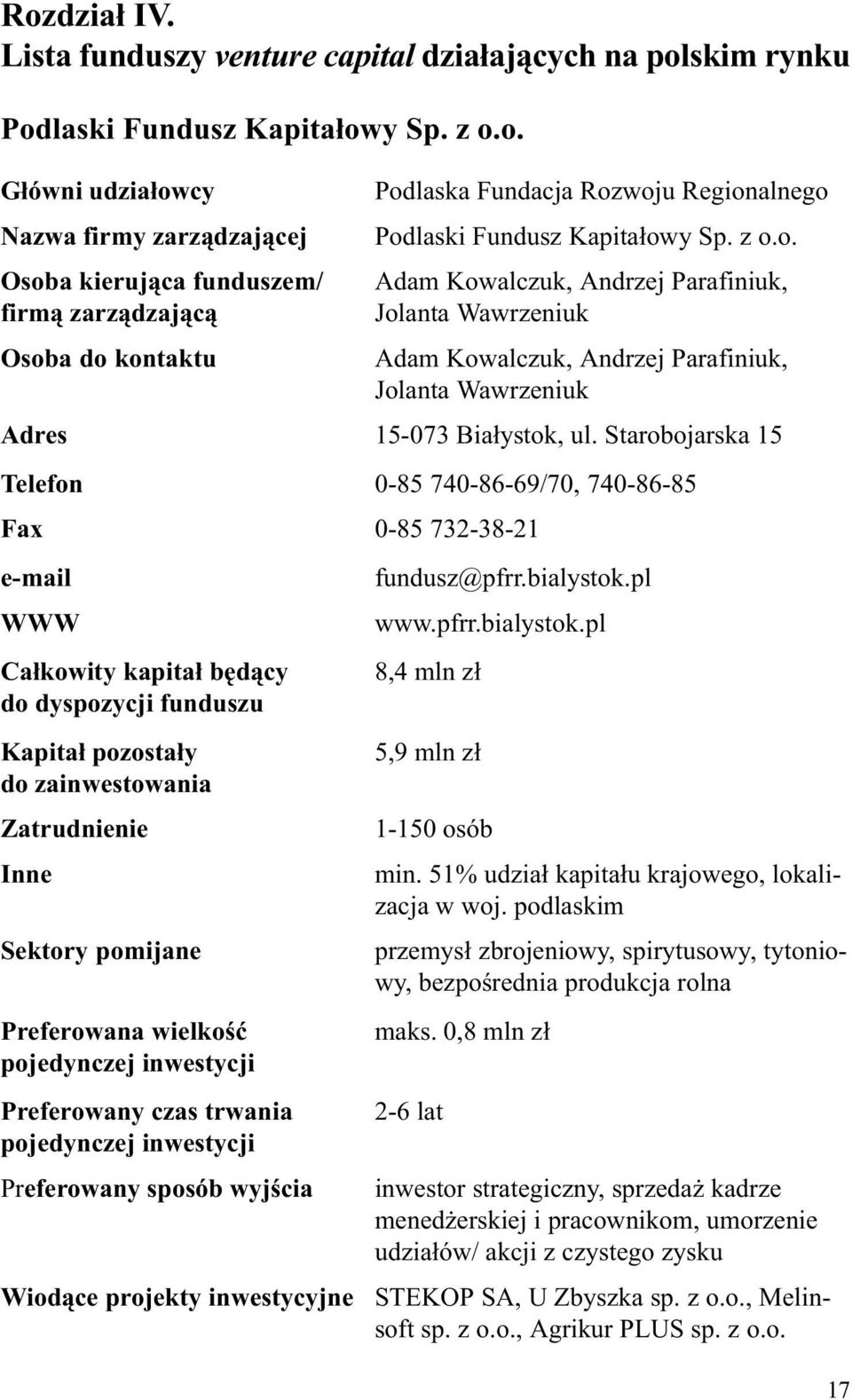 Starobojarska 15 Telefon 0-85 740-86-69/70, 740-86-85 Fax 0-85 732-38-21 Ca³kowity kapita³ bêd¹cy 8,4 mln z³ fundusz@pfrr.bialystok.