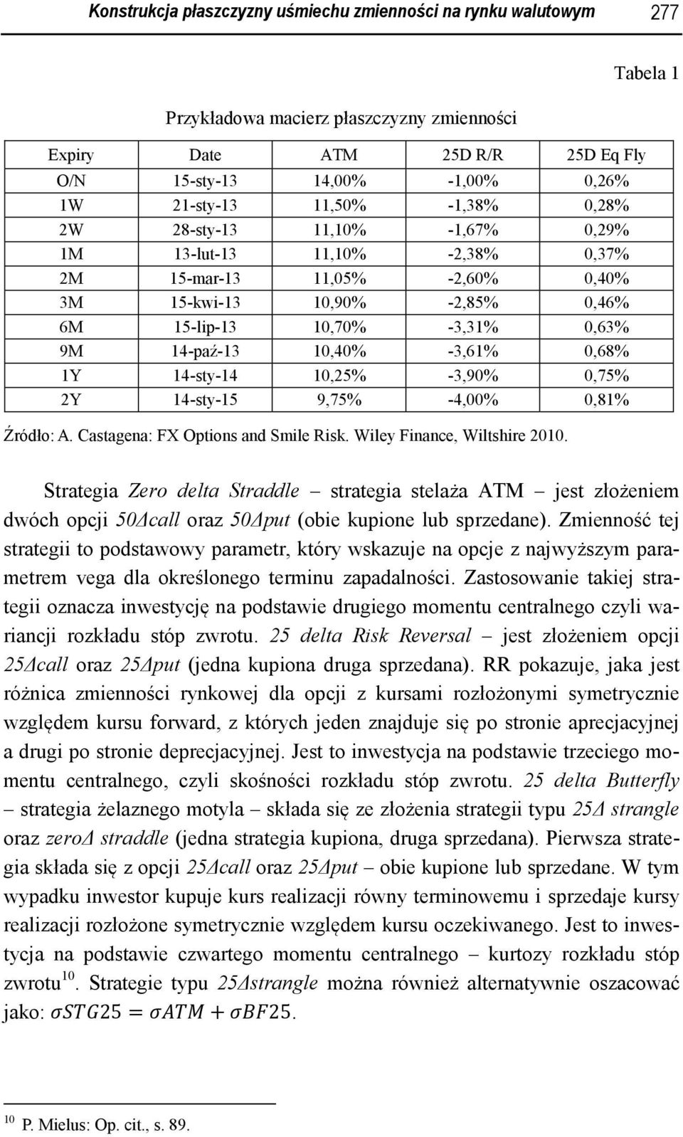 -3,61% 0,68% 1Y 14-sty-14 10,25% -3,90% 0,75% 2Y 14-sty-15 9,75% -4,00% 0,81% Źródło: A. Castagena: FX Options and Smile Risk. Wiley Finance, Wiltshire 2010.