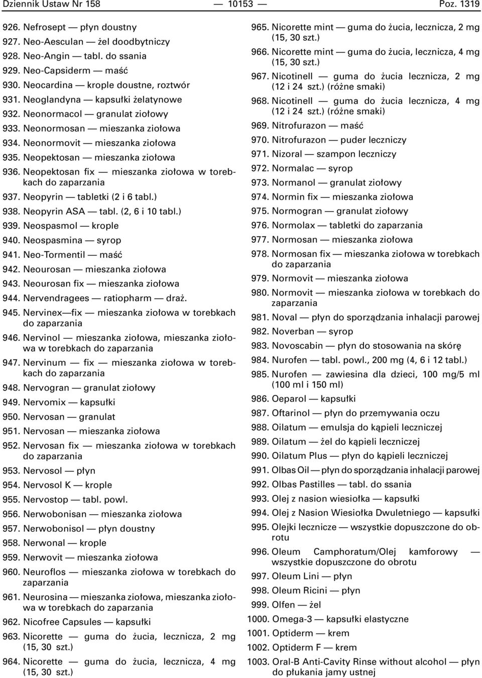 Neopektosan fix mieszanka zio owa w torebkach 937. Neopyrin tabletki (2 i 6 tabl.) 938. Neopyrin ASA tabl. (2, 6 i 10 tabl.) 939. Neospasmol krople 940. Neospasmina syrop 941. Neo-Tormentil maêç 942.