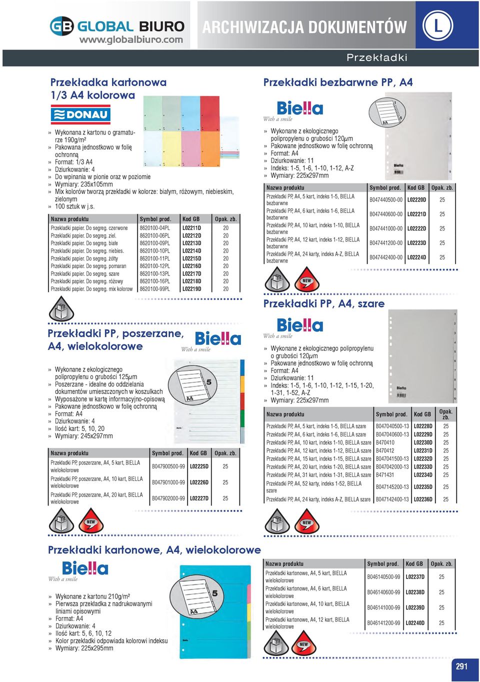 Dziurkowanie: 4 Do wpinania w pionie oraz w poziomie Wymiary: 235x105mm Mix kolorów tworzą przekładki w kolorze: białym, różowym, niebieskim, zielonym 100 sztuk w j.s. Przekladki papier. Do segreg.