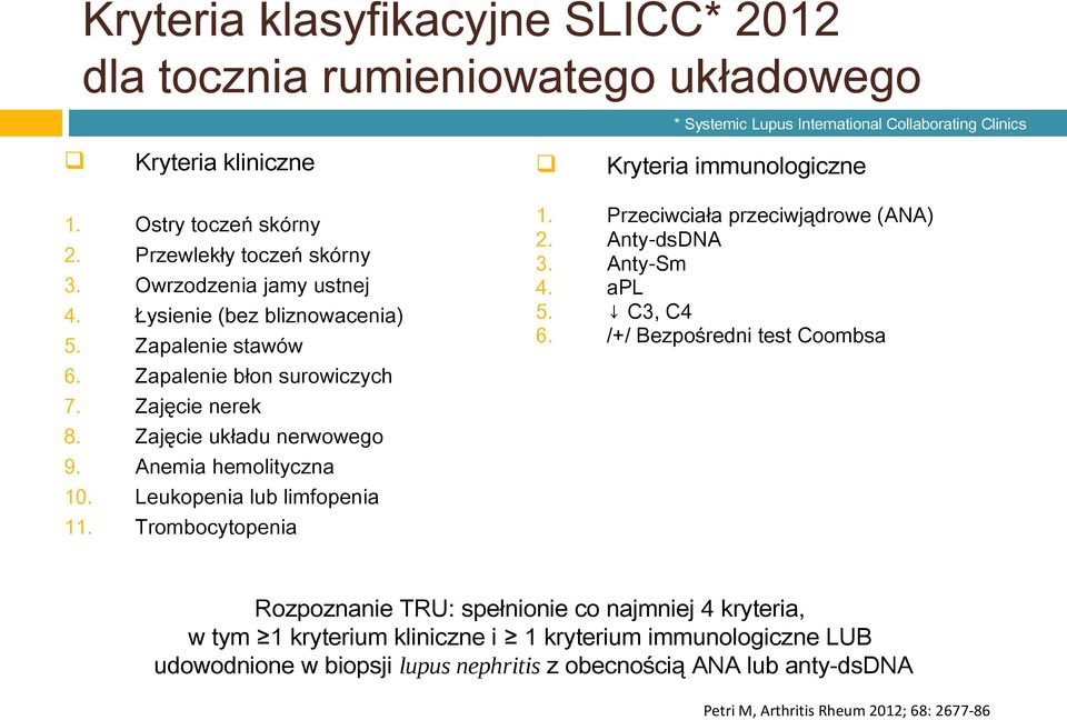 Ostry toczeń skórny Przewlekły toczeń skórny Owrzodzenia jamy ustnej Łysienie (bez bliznowacenia) Zapalenie stawów Zapalenie błon surowiczych Zajęcie nerek Zajęcie układu nerwowego Anemia